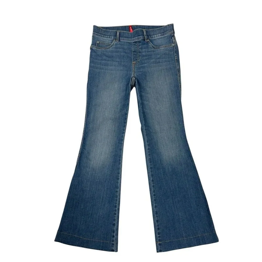 SPANX VINTAGE INDIGO FLARE Wide Leg Blue Denim pull-on Jeans Stretch Size L